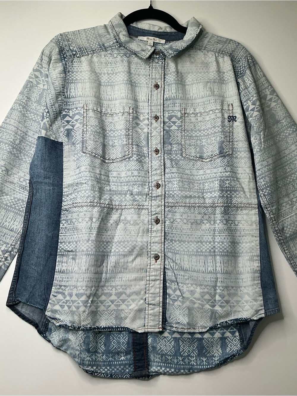 Miss Me Button Down Shirt Women Large Blue Acid Wash Mixed Media Preowned